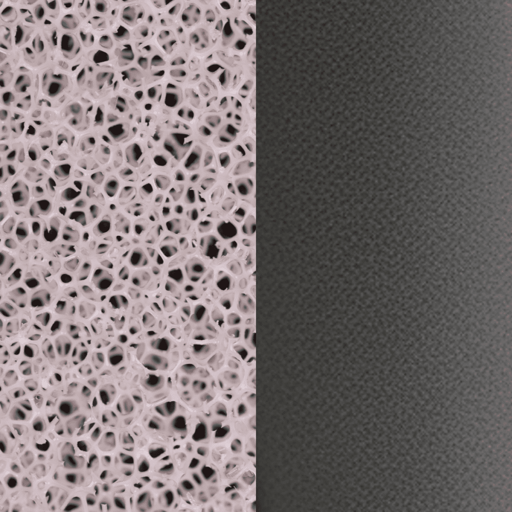 Open-Cell PU foam on the left side and Closed-Cell PU foam on the right side to show the difference between the two foams.