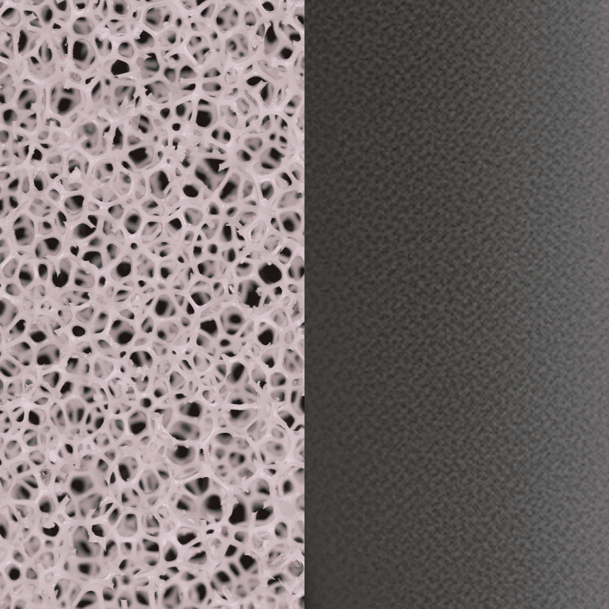 Open-Cell PU foam on the left side and Closed-Cell PU foam on the right side to show the difference between the two foams.